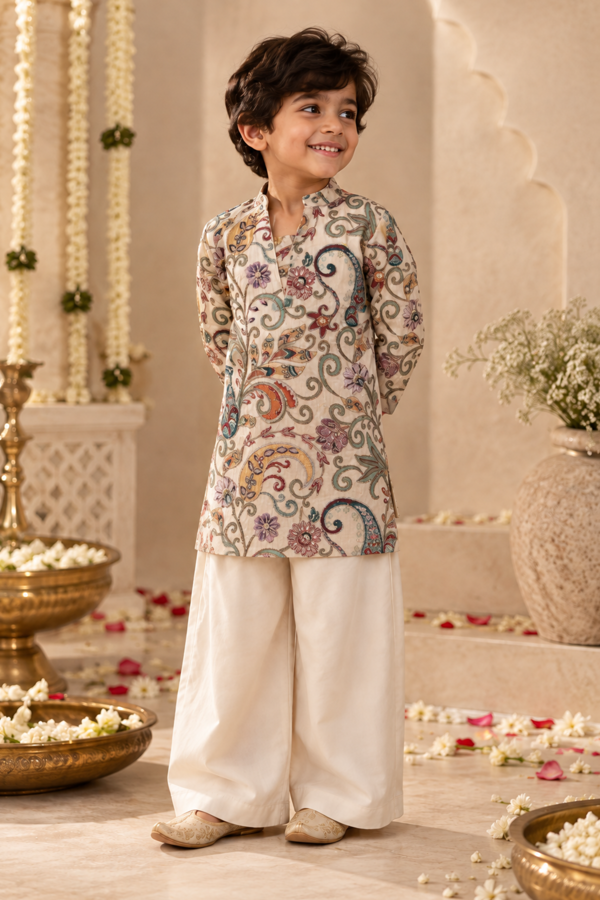 Boys Samrat Embroidered Kurta Set with aari work - Off White