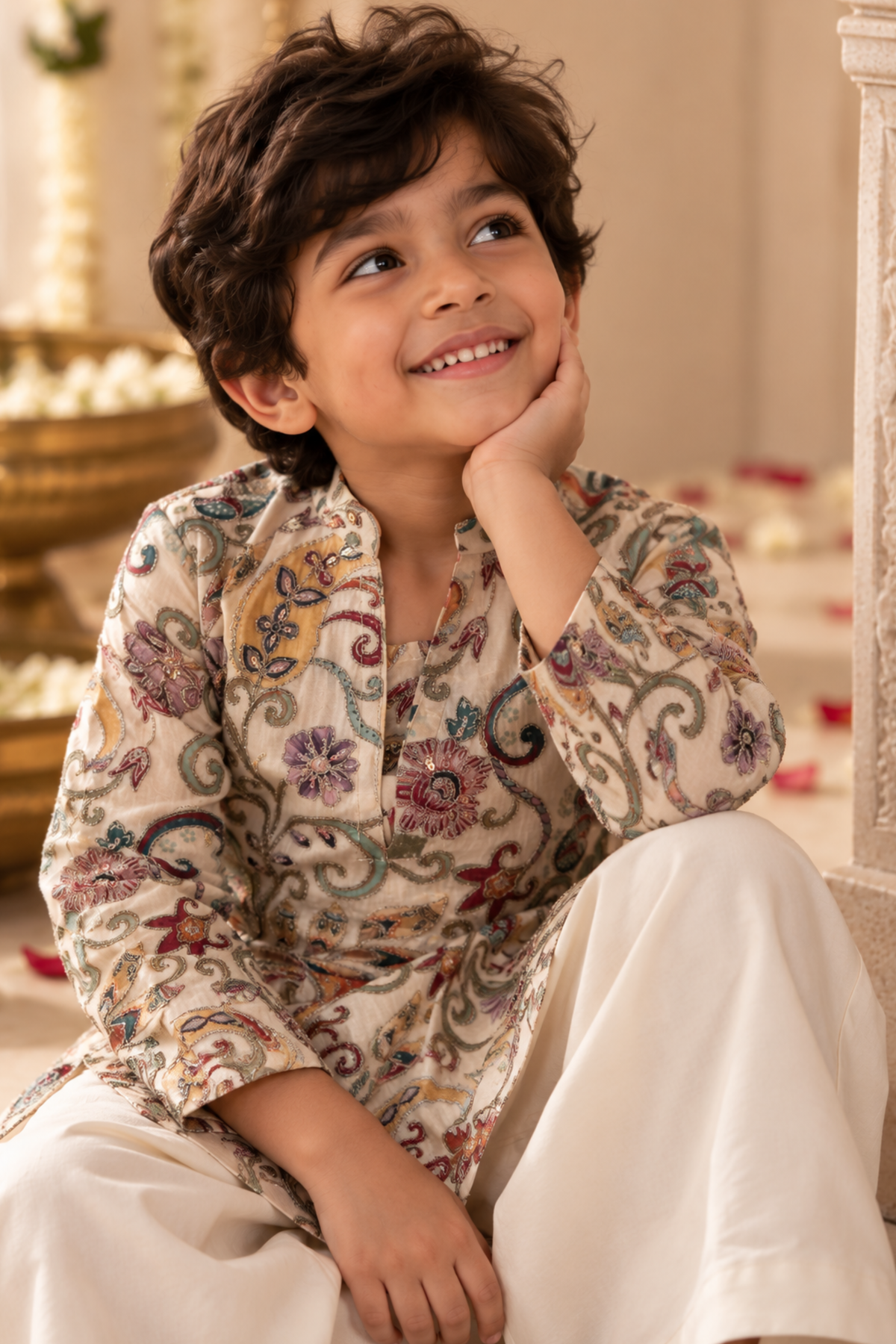 Boys Samrat Embroidered Kurta Set with aari work - Off White