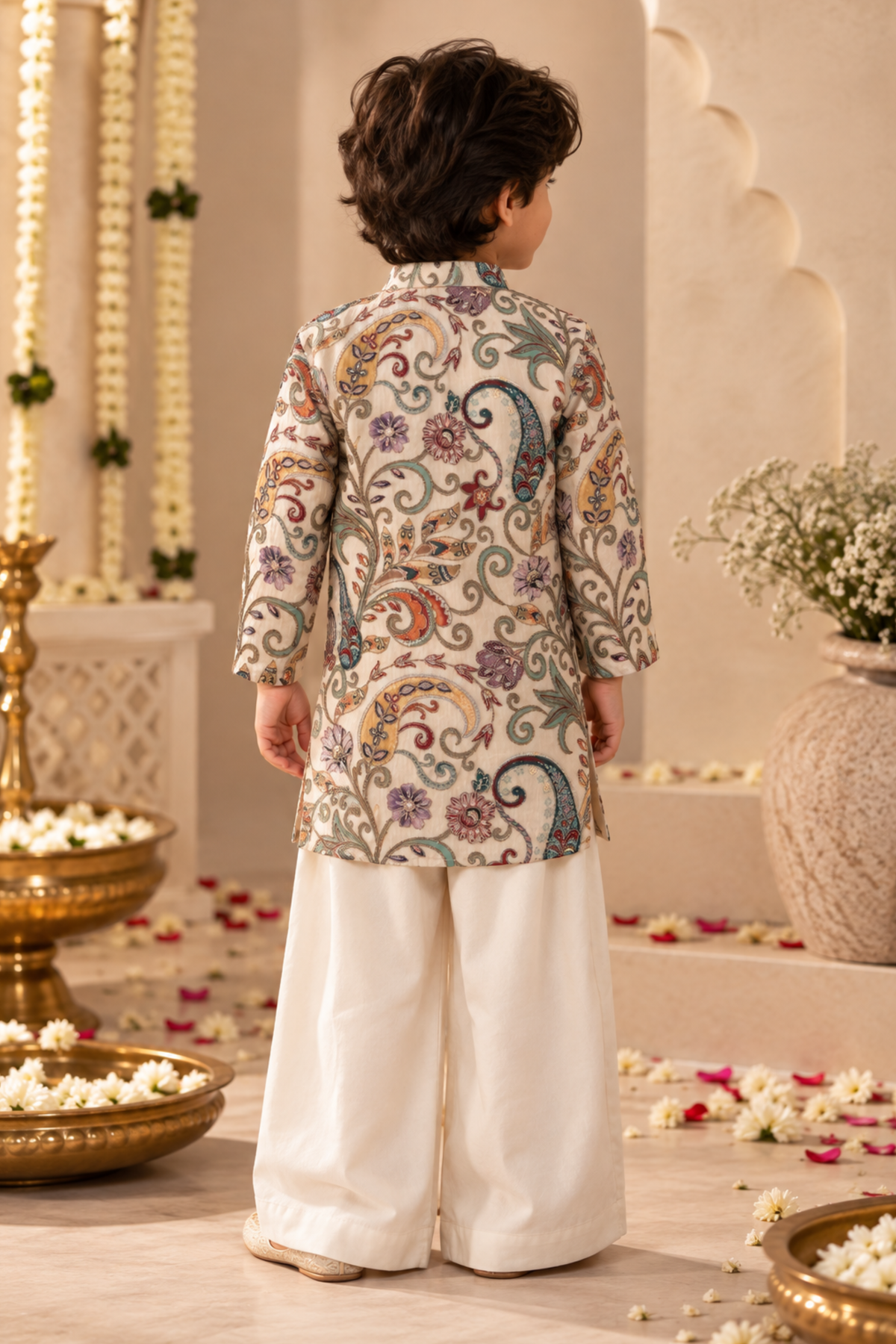 Boys Samrat Embroidered Kurta Set with aari work - Off White