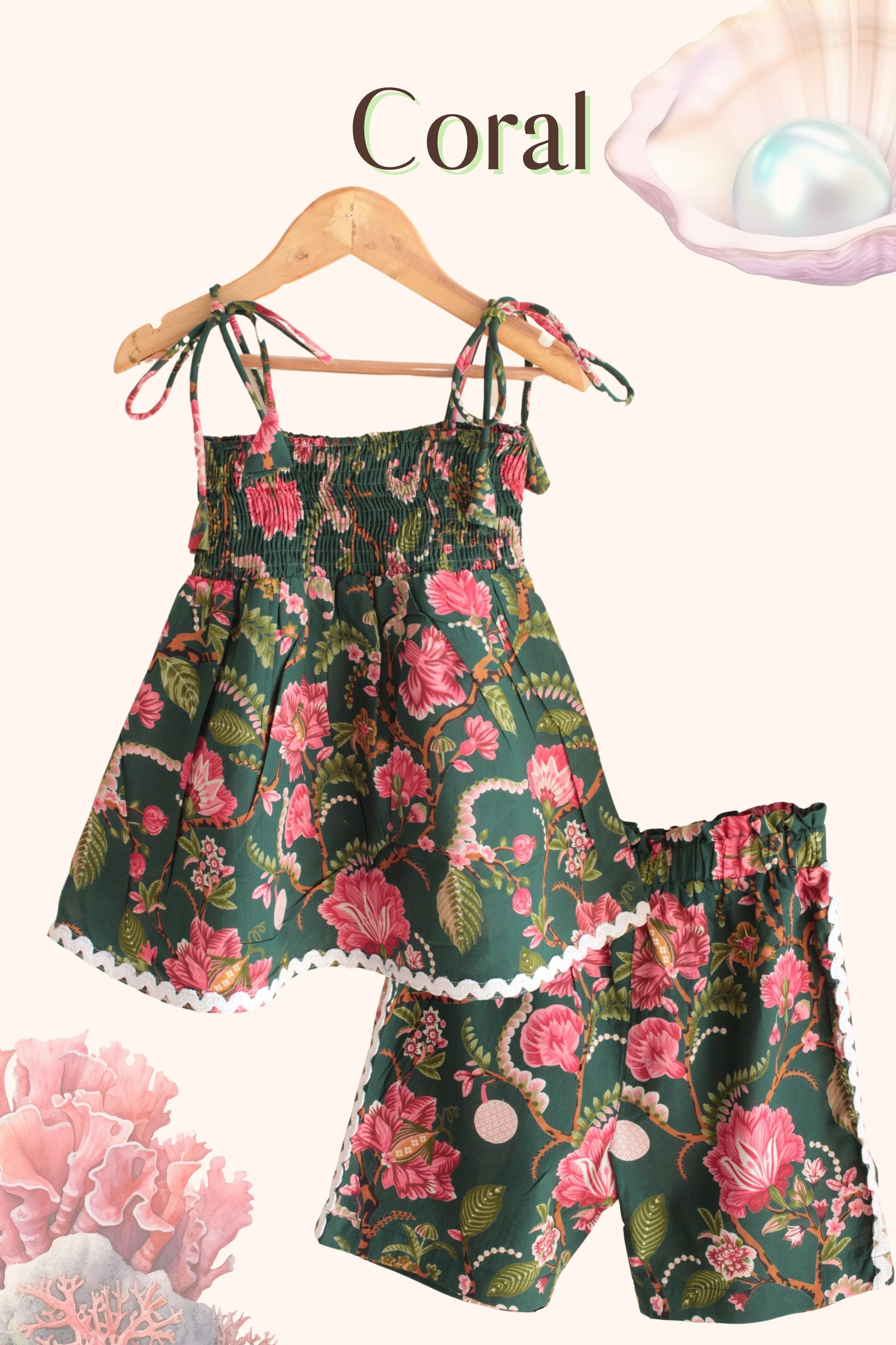 Girls Coral Pure Cotton Clothing Set - Green / Sky Blue