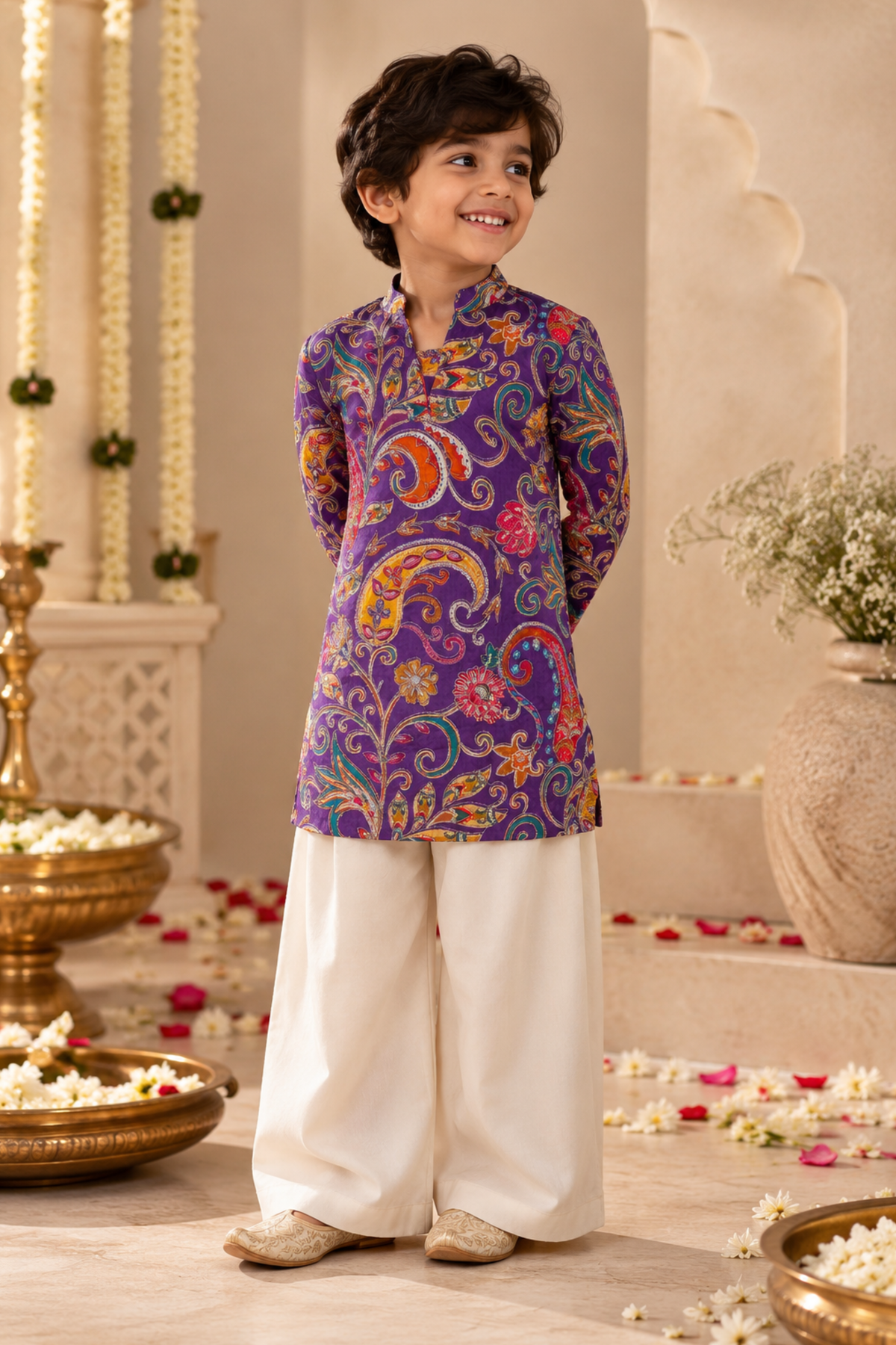 Boys Samrat Embroidered Kurta Set with aari work - Purple