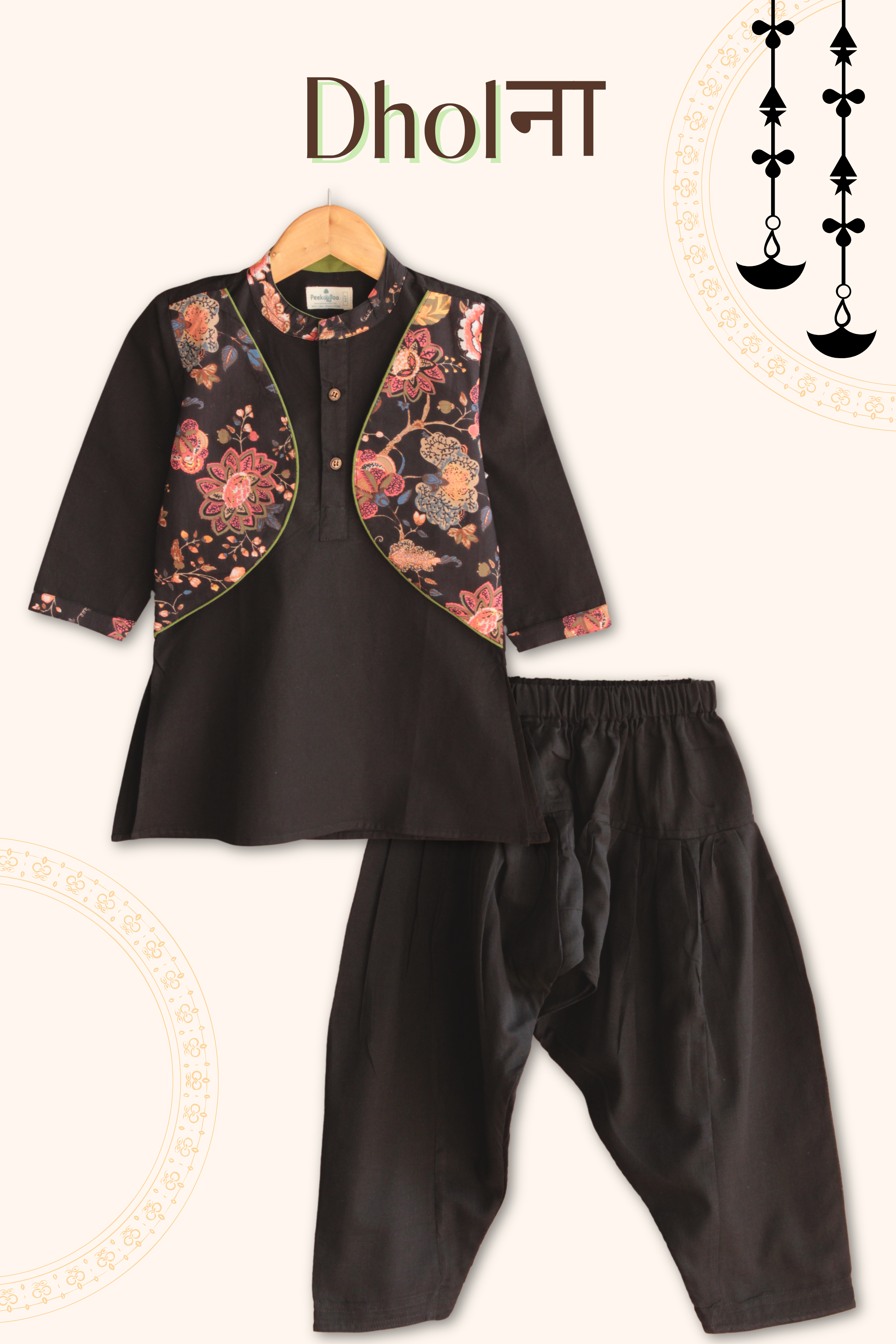 Boys Dholna Kurta Pant & Jacket 3 piece ethnic clothing set - Black