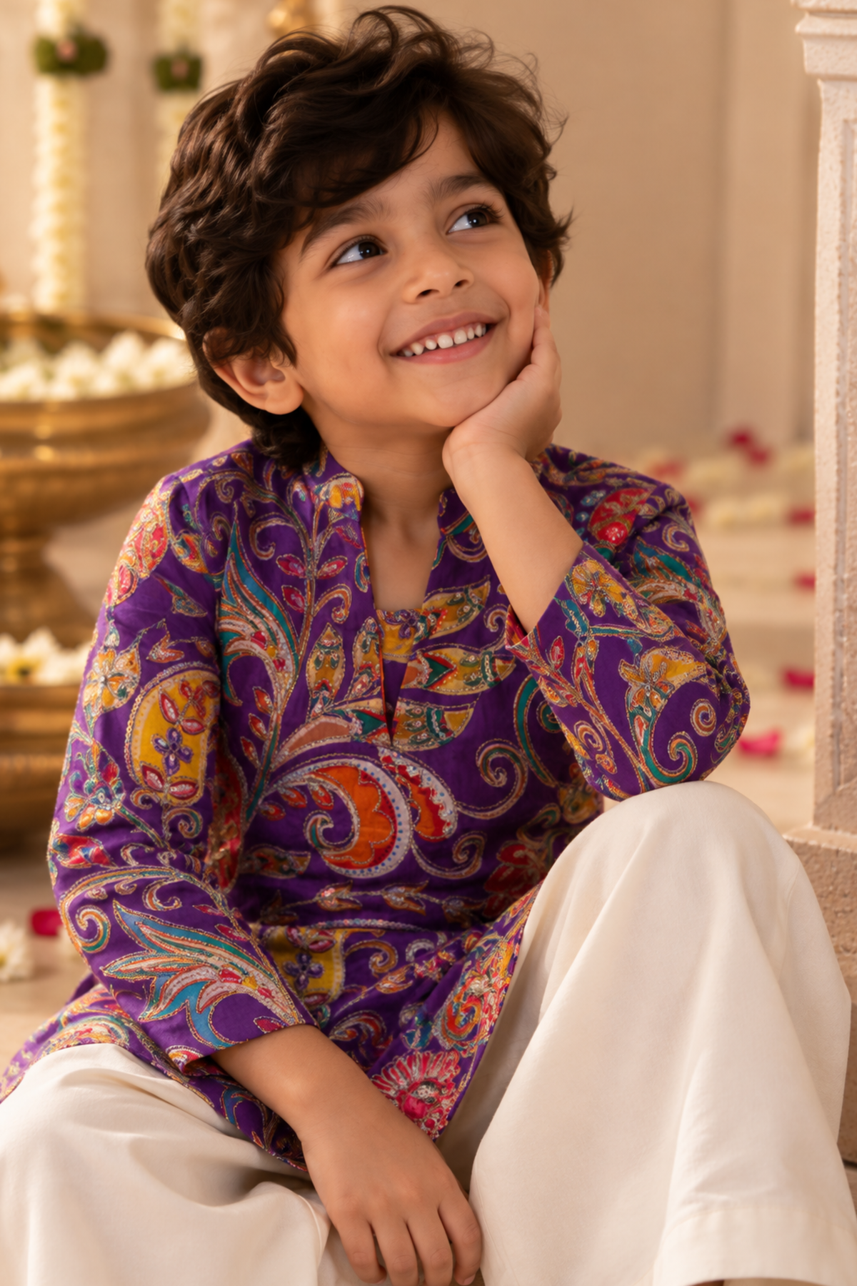 Boys Samrat Embroidered Kurta Set with aari work - Purple