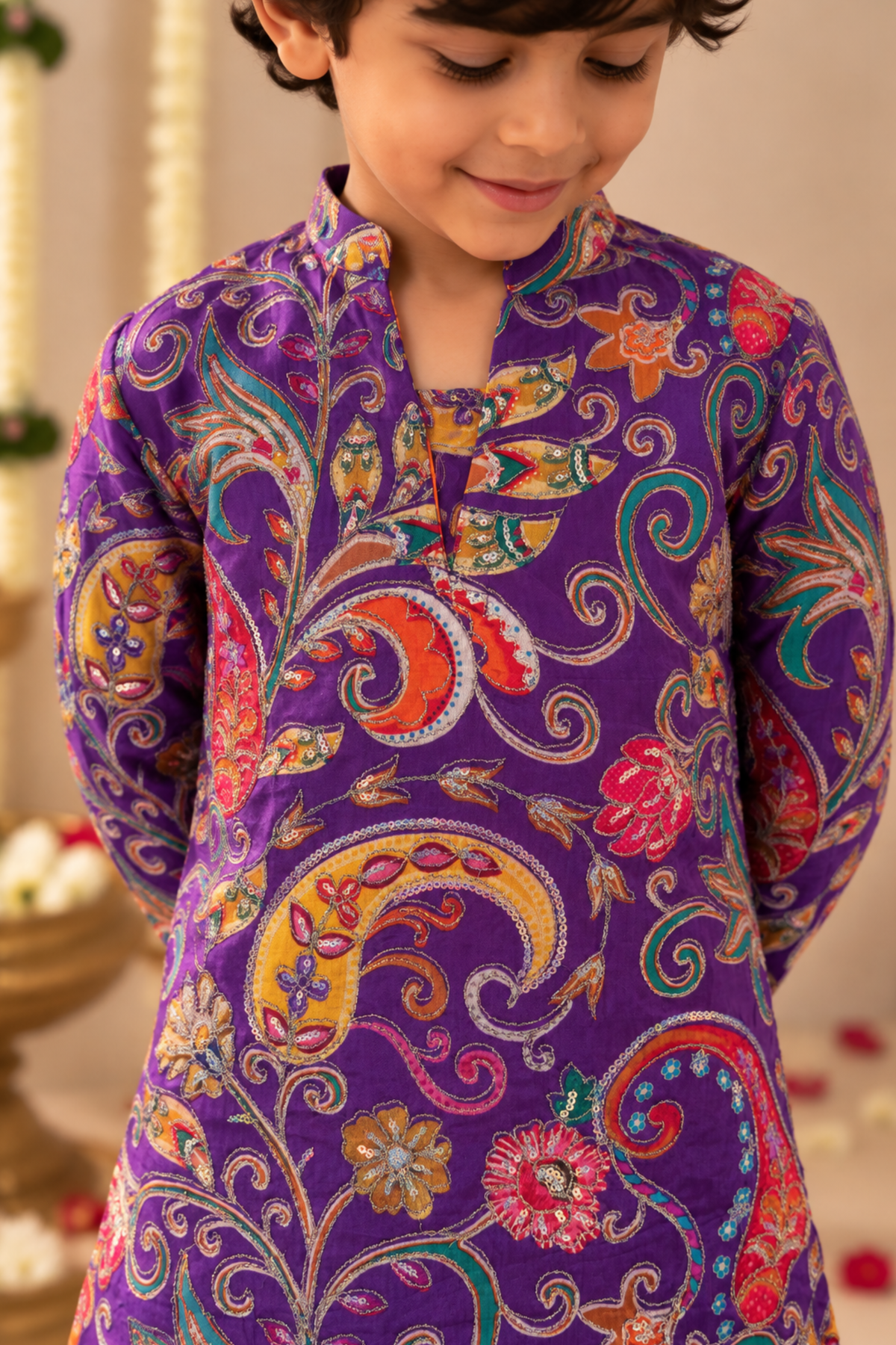 Boys Samrat Embroidered Kurta Set with aari work - Purple