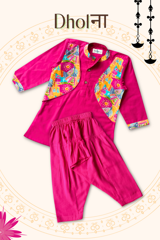 Boys Dholna Kurta Pant & Jacket 3 piece ethnic clothing set - Pink