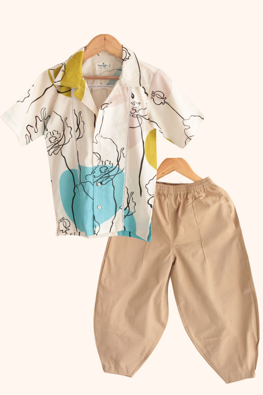 Boys Island Printed Shirt with loose fit pants - Neon Beige