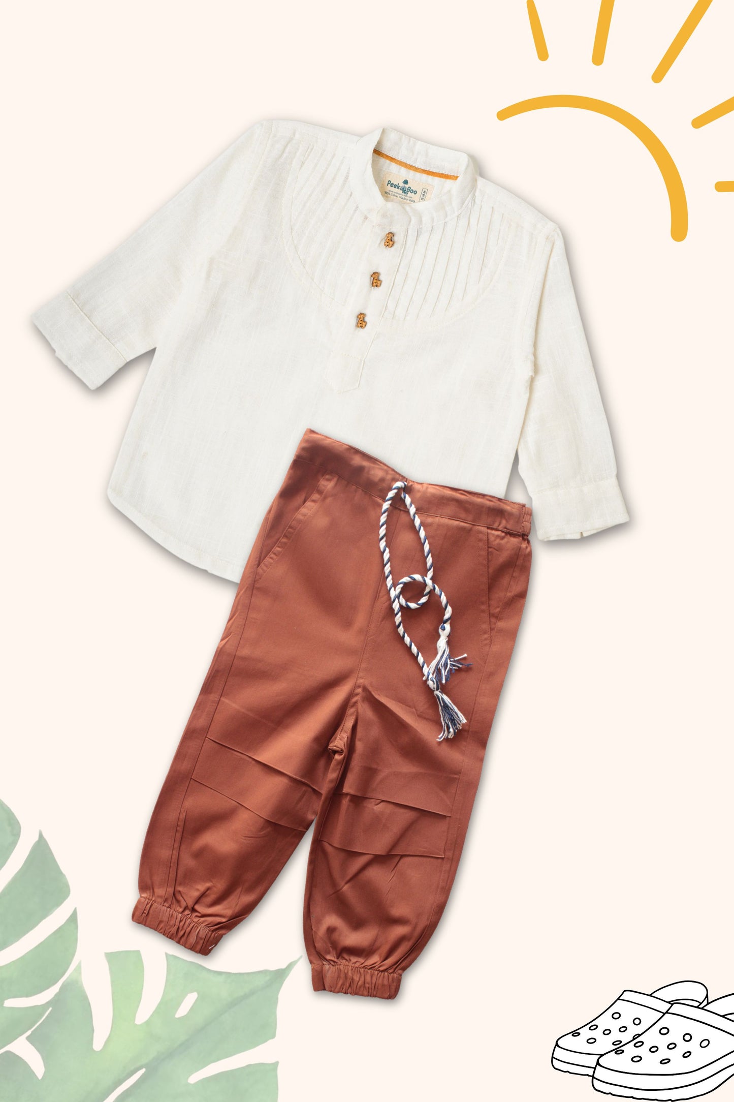 Boys Pure Cotton Clothing Set - White Pintuck Shirt & Cargo Pants