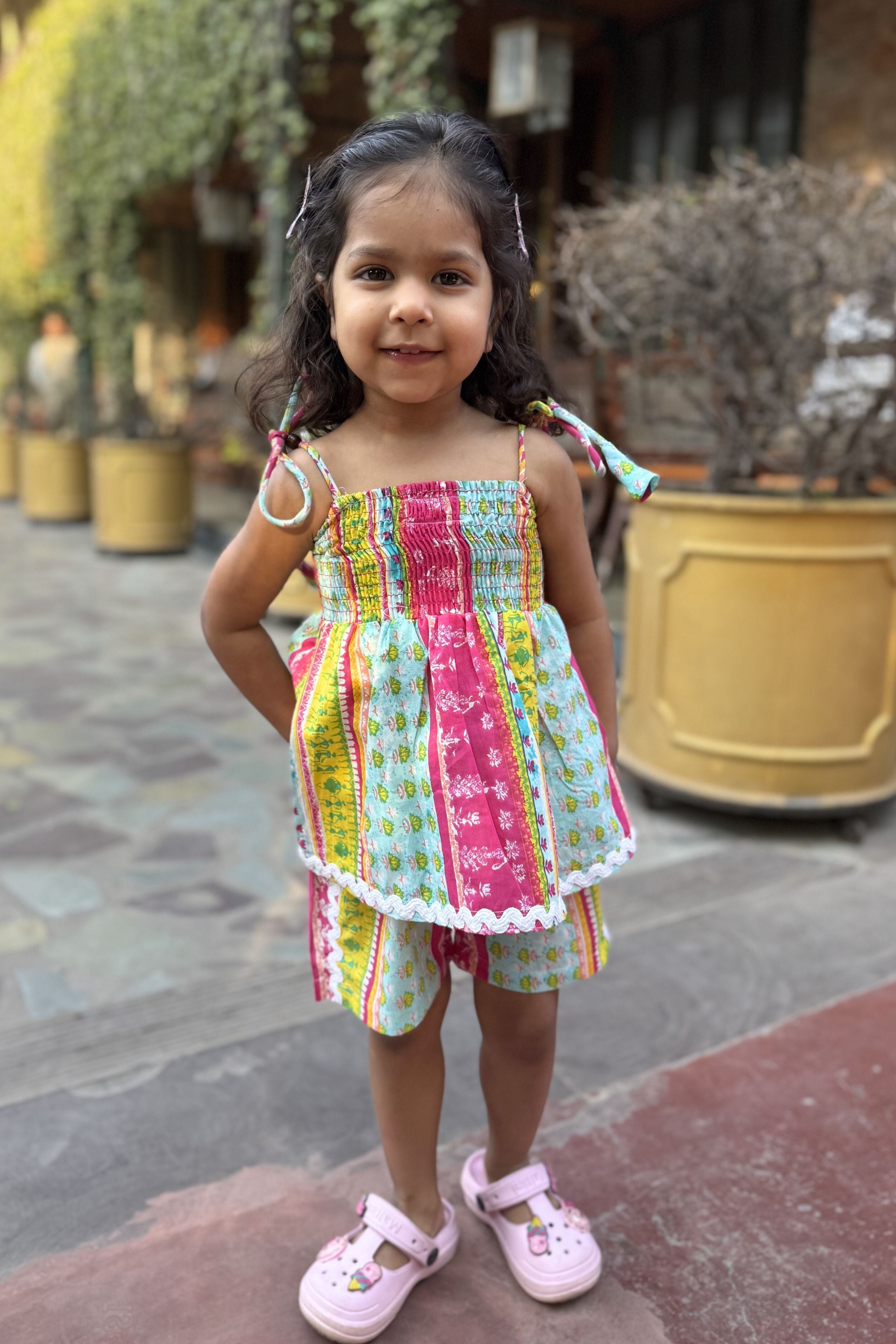 Girls Coral Pure Cotton Clothing Set - Green / Sky Blue