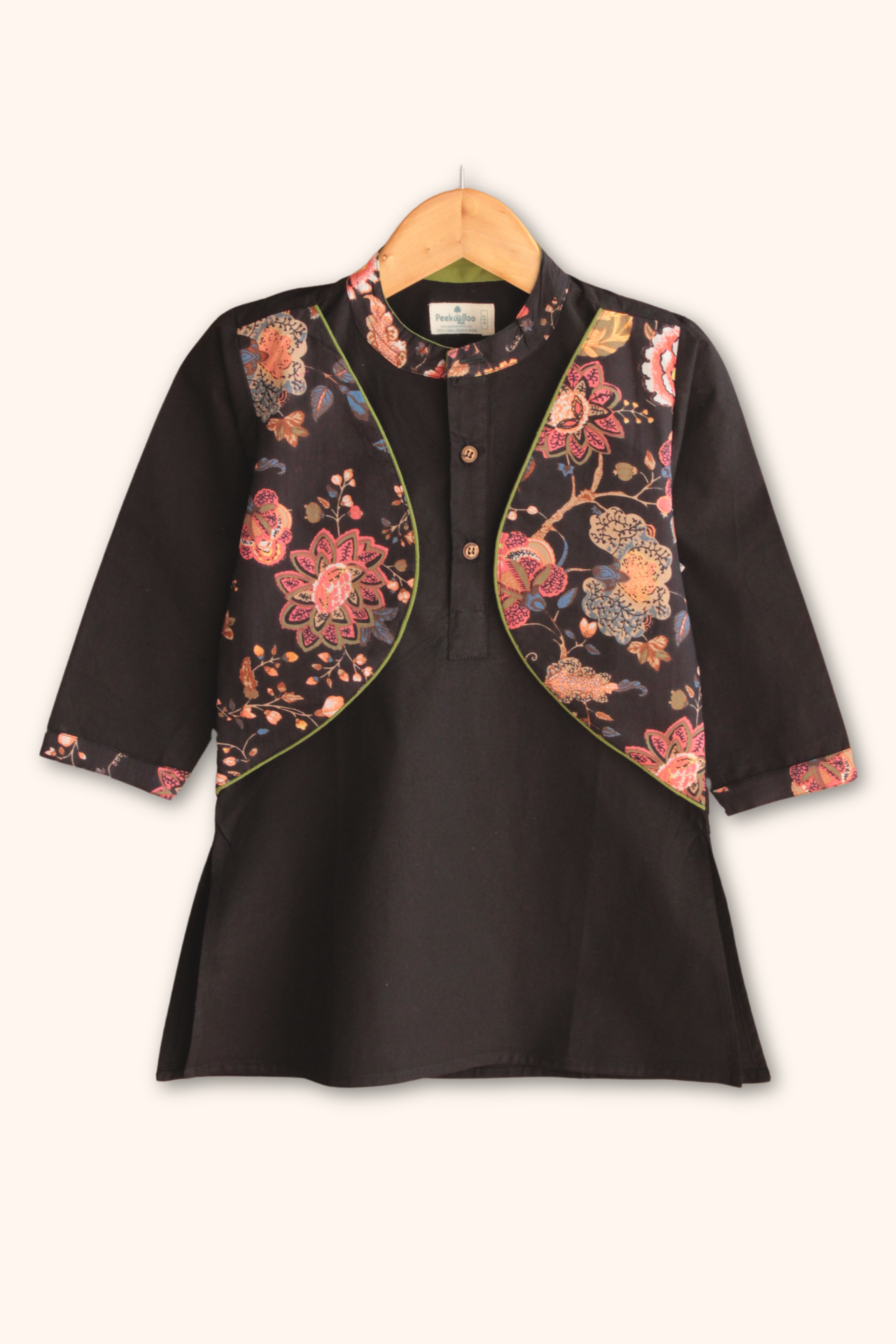 Boys Dholna Kurta Pant & Jacket 3 piece ethnic clothing set - Black
