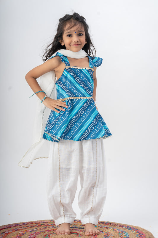 Girls Saavan 2.0 Pure Cotton Kurti Salwar & Dupatta Ethnic Clothing set - Blue Bandhej