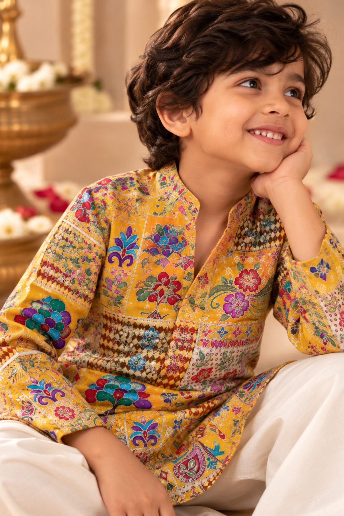 Boys Samrat Embroidered Kurta Set with aari work - Yellow