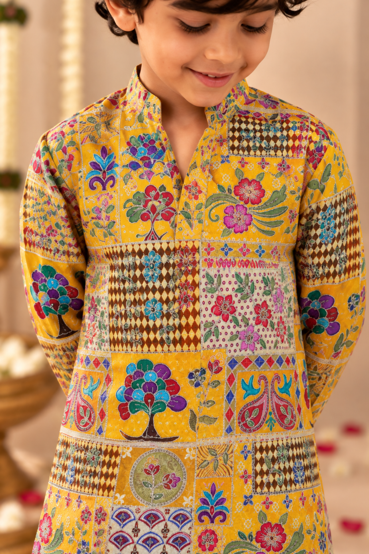 Boys Samrat Embroidered Kurta Set with aari work - Yellow