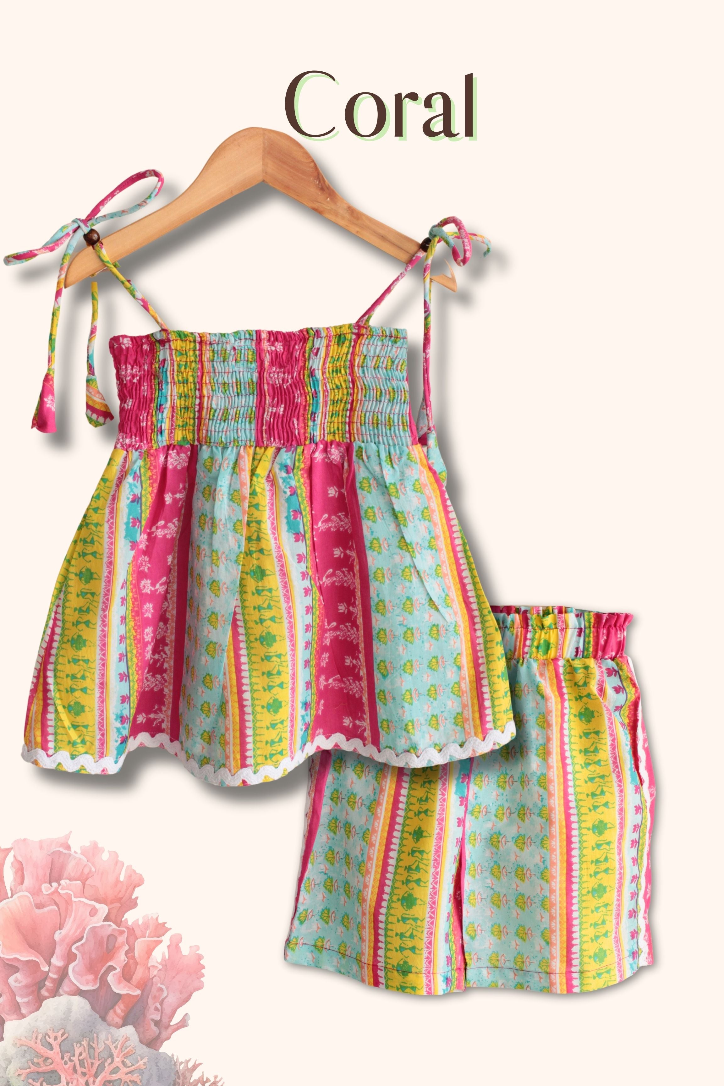 Girls Coral Pure Cotton Clothing Set - Green / Sky Blue