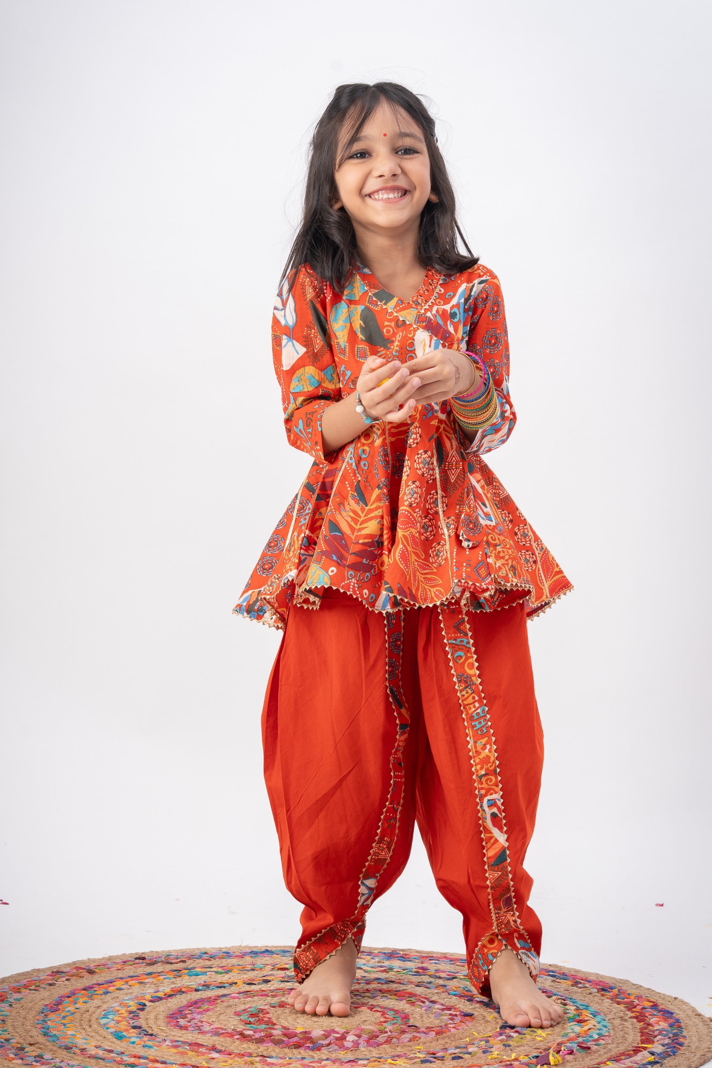 Girls Radhe Top and Dhoti Pants Ethnic Clothing Set - Rust