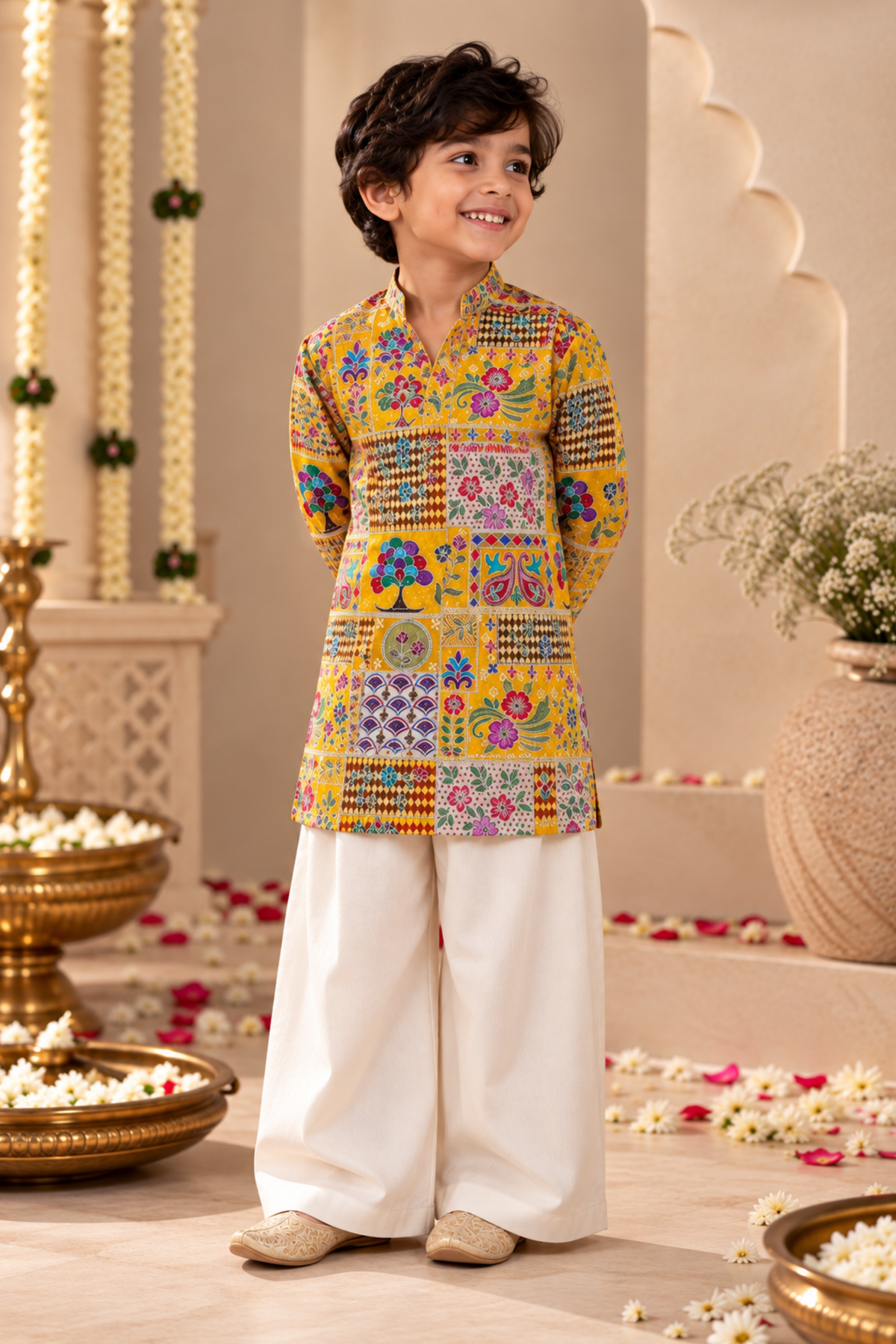Boys Samrat Embroidered Kurta Set with aari work - Yellow