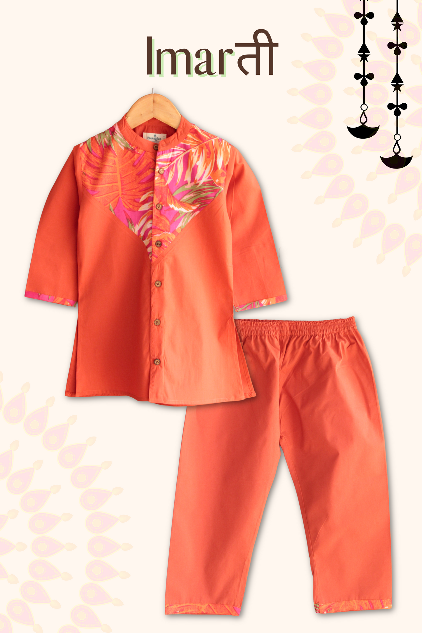 Boys Imarti Color block Kurta and pants set - Orange