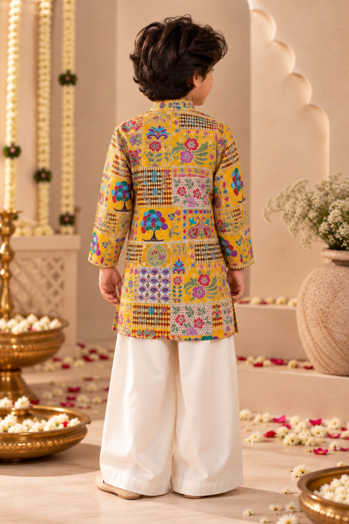 Boys Samrat Embroidered Kurta Set with aari work - Yellow