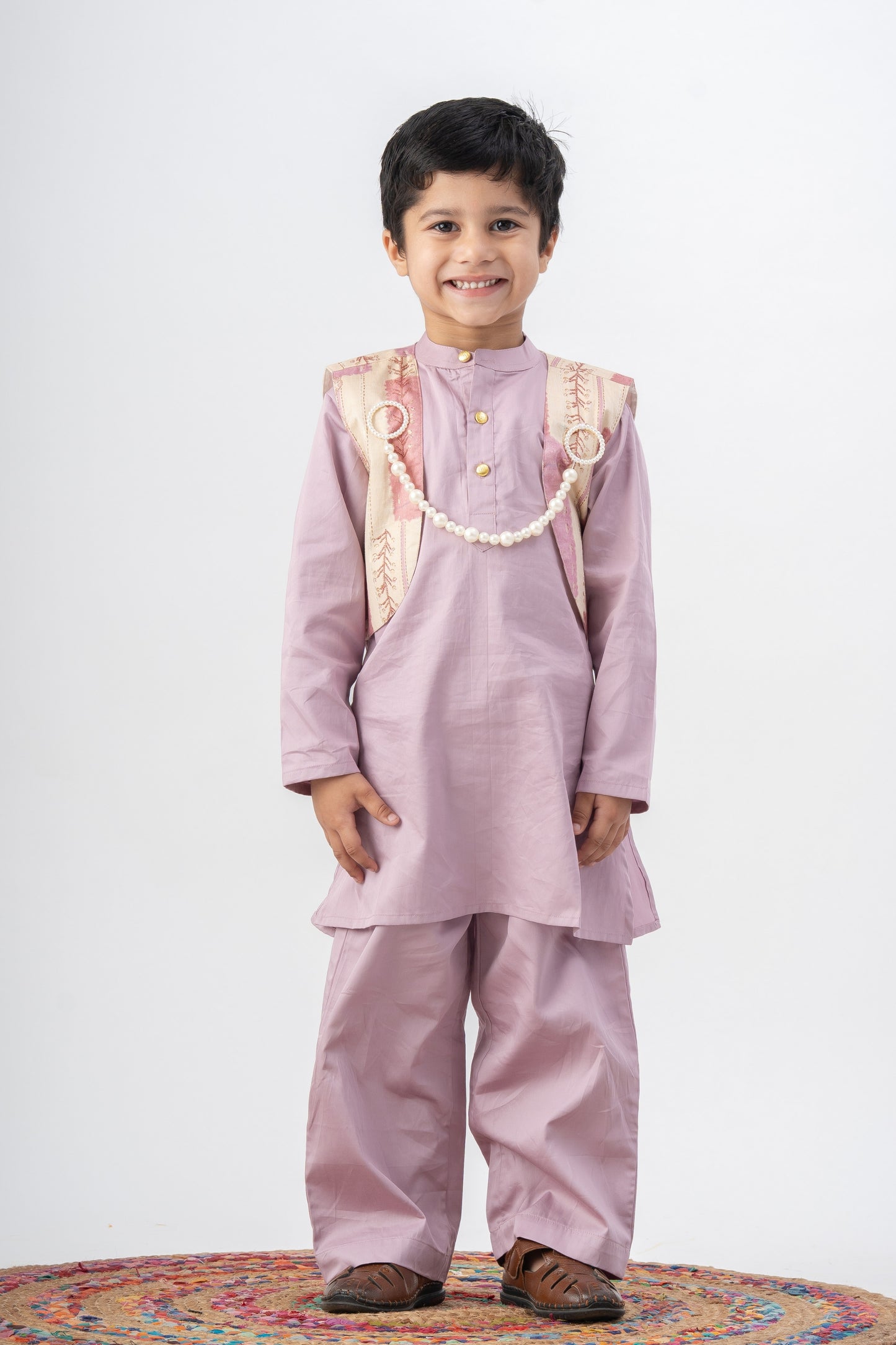 Boys Rajwada Kurta Pant ethnic clothing set with open Jacket - Lilac