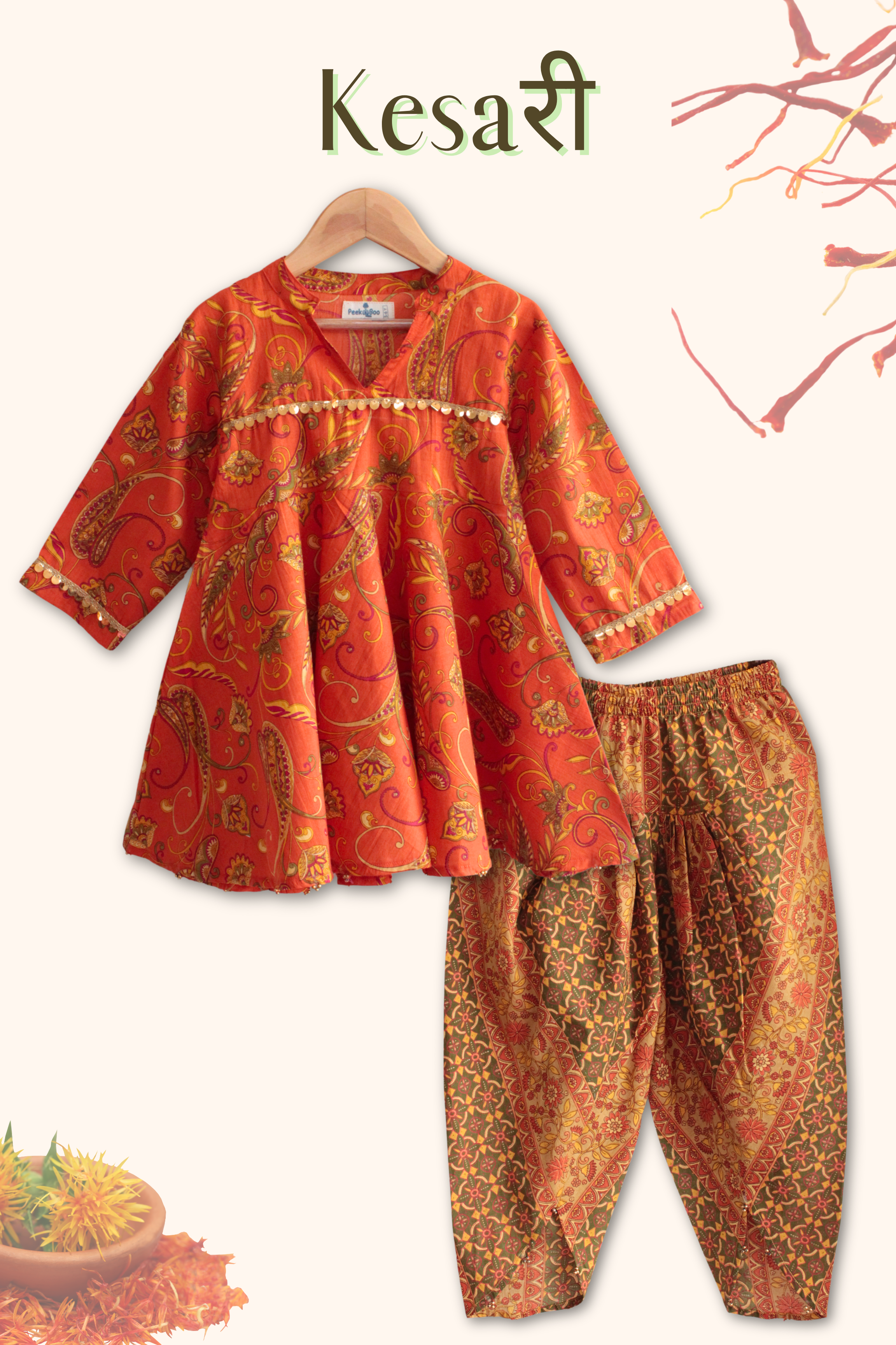 Girls Kesari Pure Cotton Ethnic Clothing Set - Orange