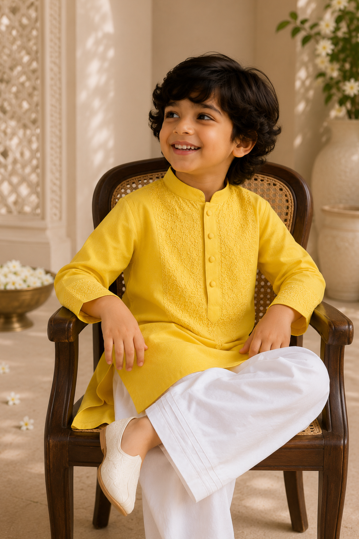 Boys Lucknawi Kurta Pant ethnic clothing set with schiffli embroidery - Yellow