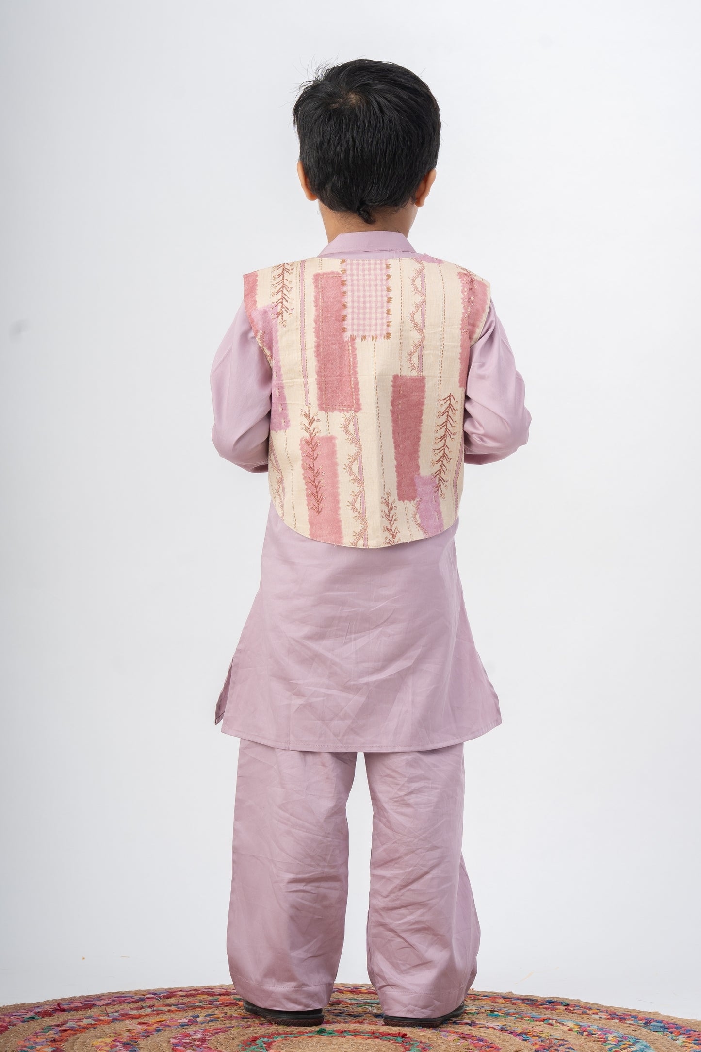 Boys Rajwada Kurta Pant ethnic clothing set with open Jacket - Lilac