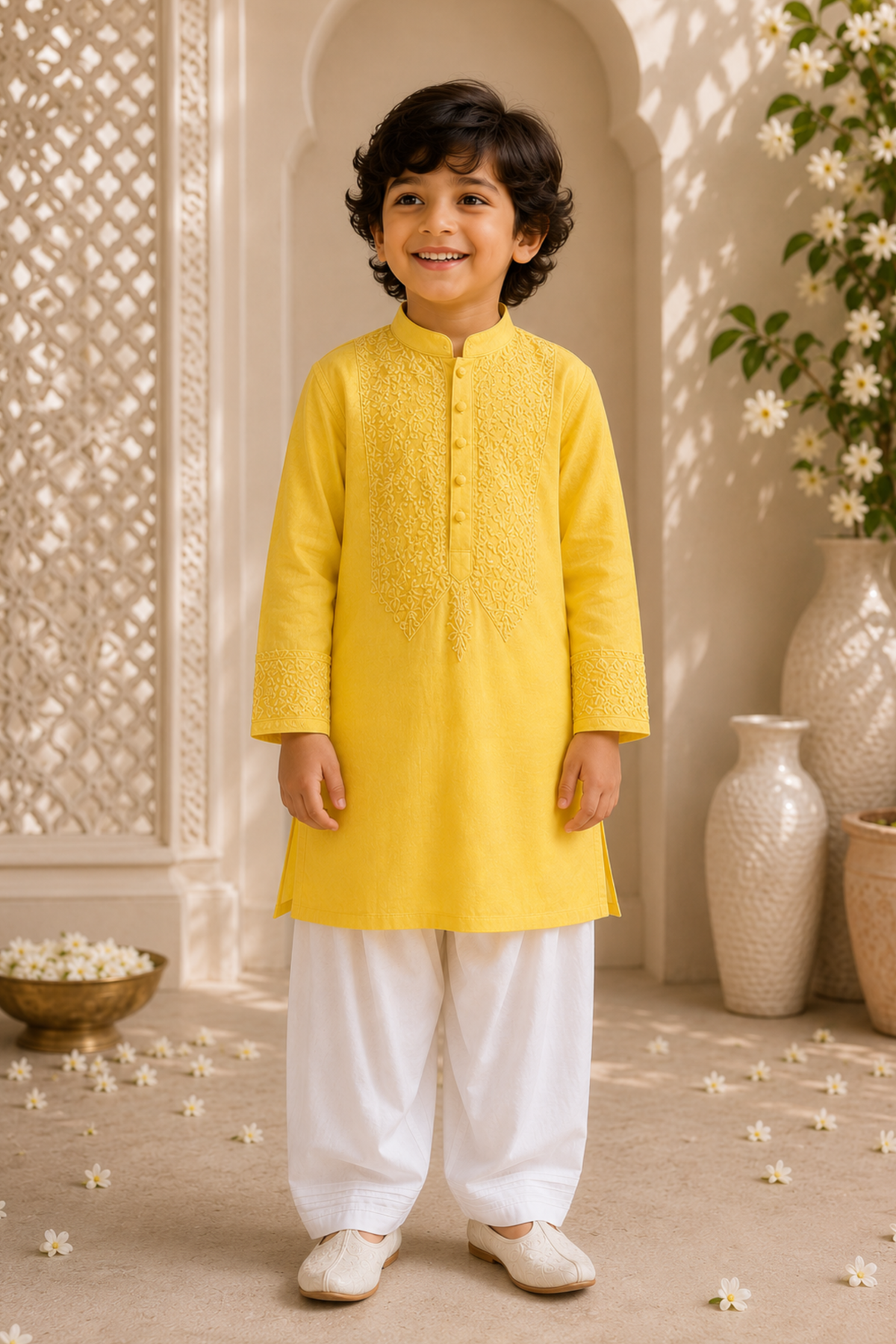 Boys Lucknawi Kurta Pant ethnic clothing set with schiffli embroidery - Yellow