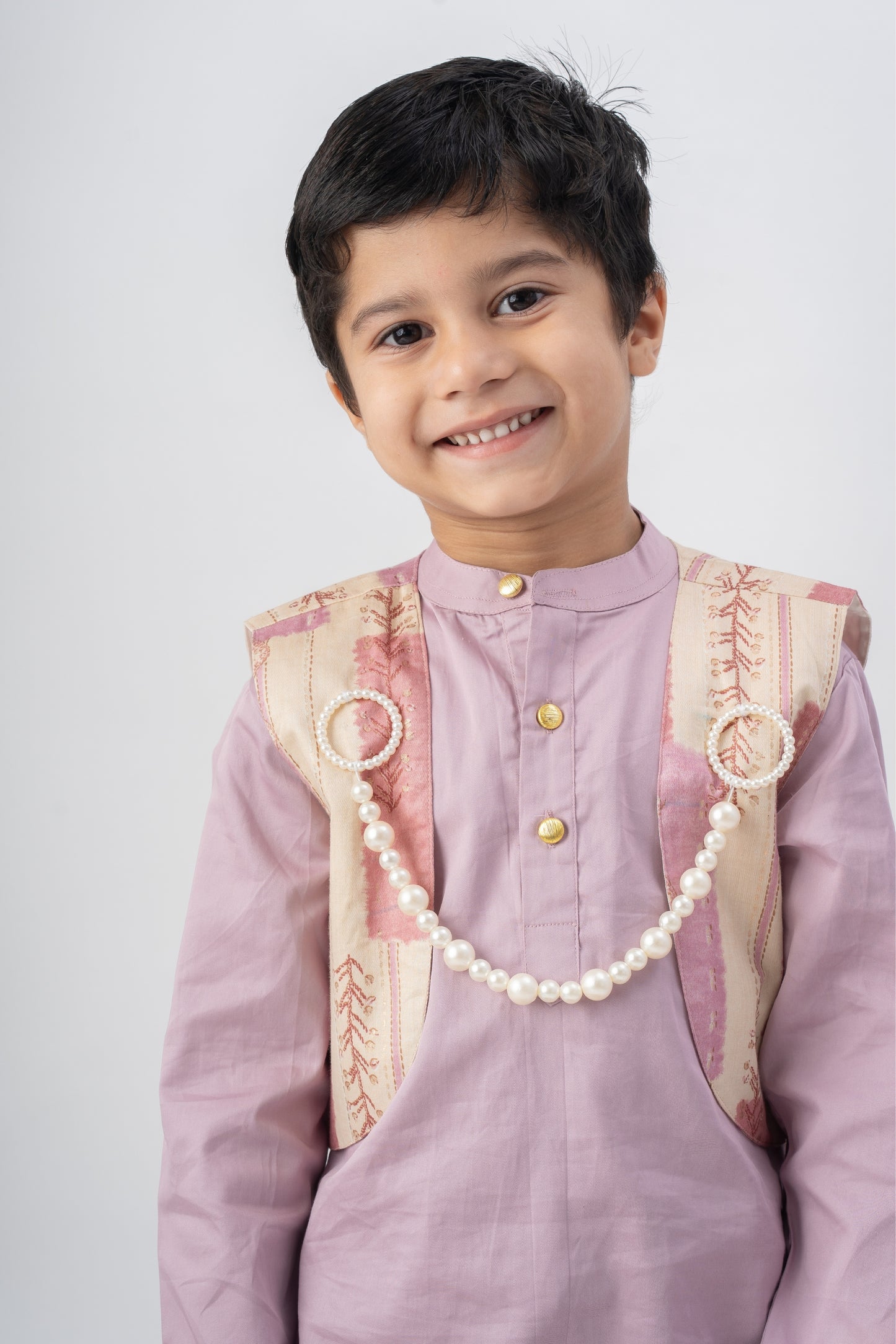 Boys Rajwada Kurta Pant ethnic clothing set with open Jacket - Lilac