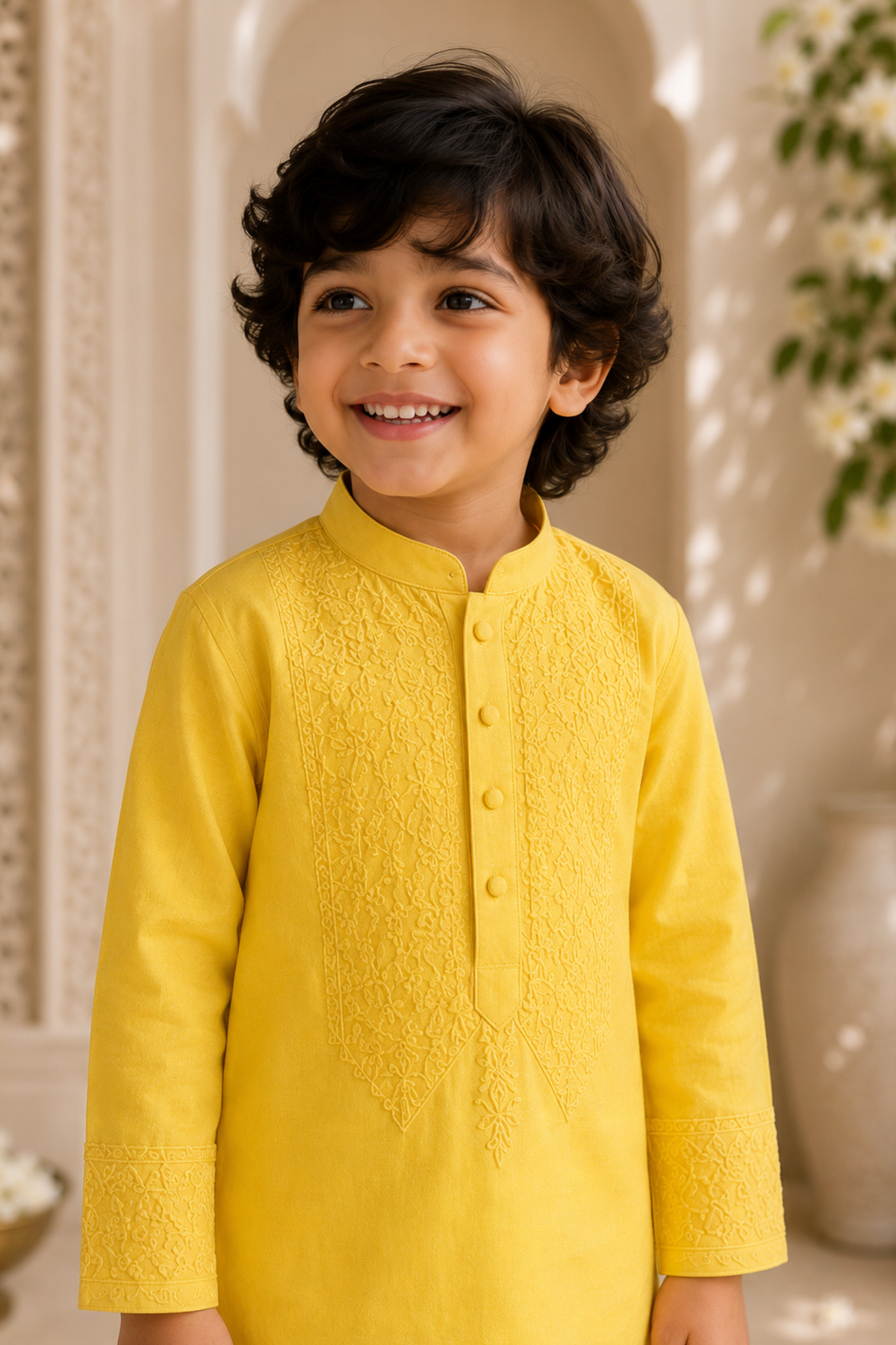 Boys Lucknawi Kurta Pant ethnic clothing set with schiffli embroidery - Yellow