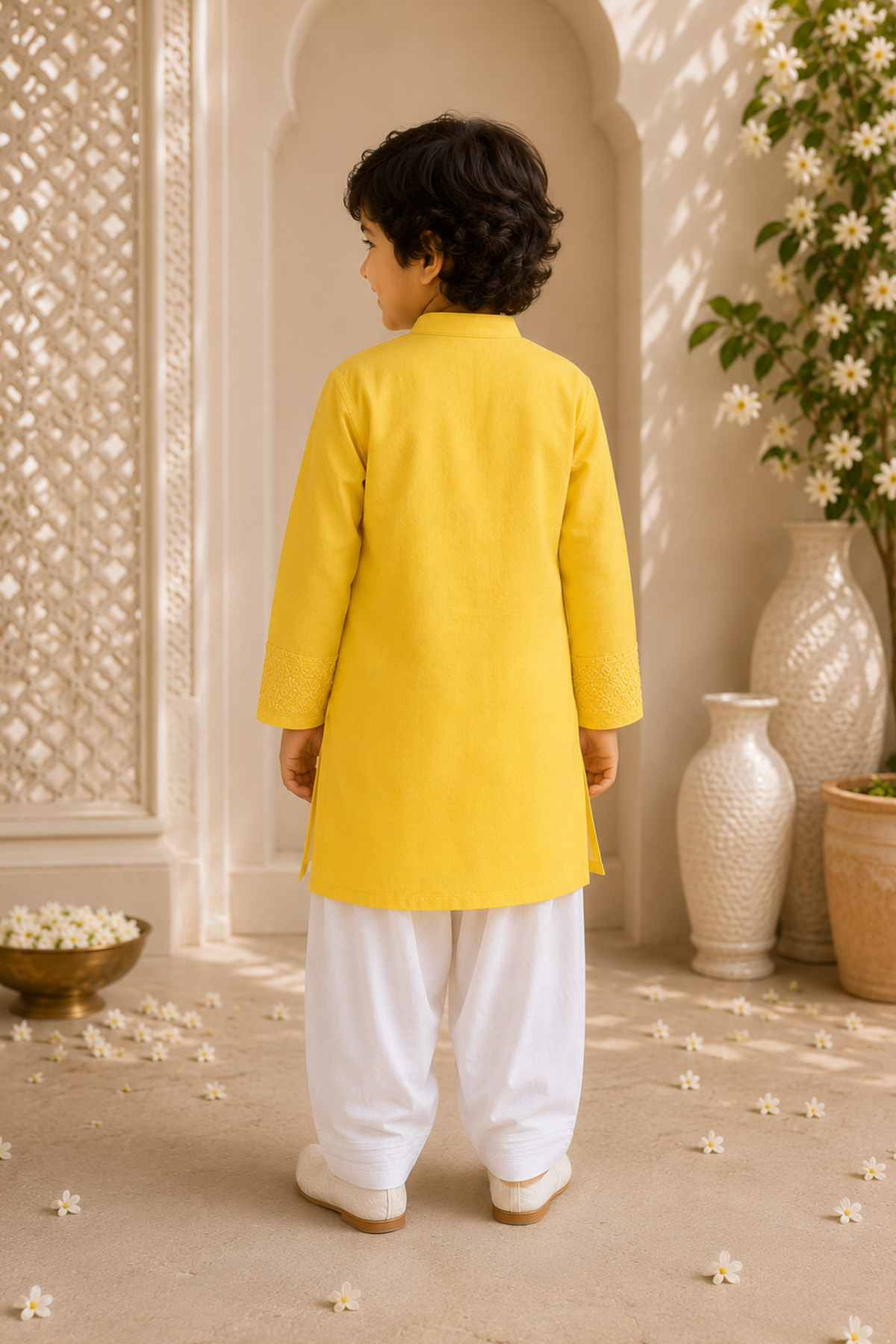 Boys Lucknawi Kurta Pant ethnic clothing set with schiffli embroidery - Yellow