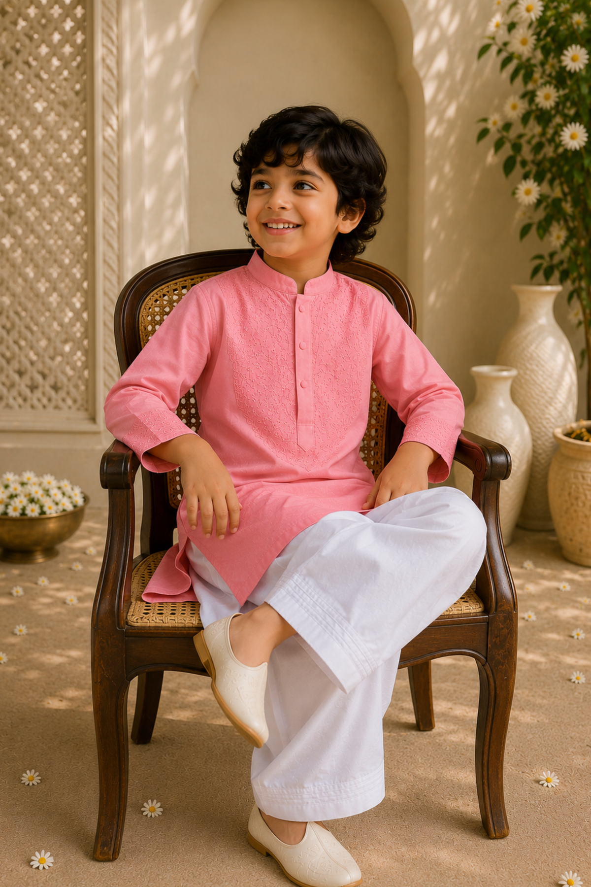 Boys Lucknawi Kurta Pant ethnic clothing set with schiffli embroidery - Peach