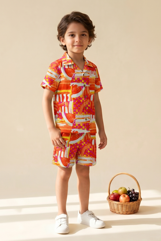 Boys Sunshine Pure Cotton Printed Clothing Set - Red Orange