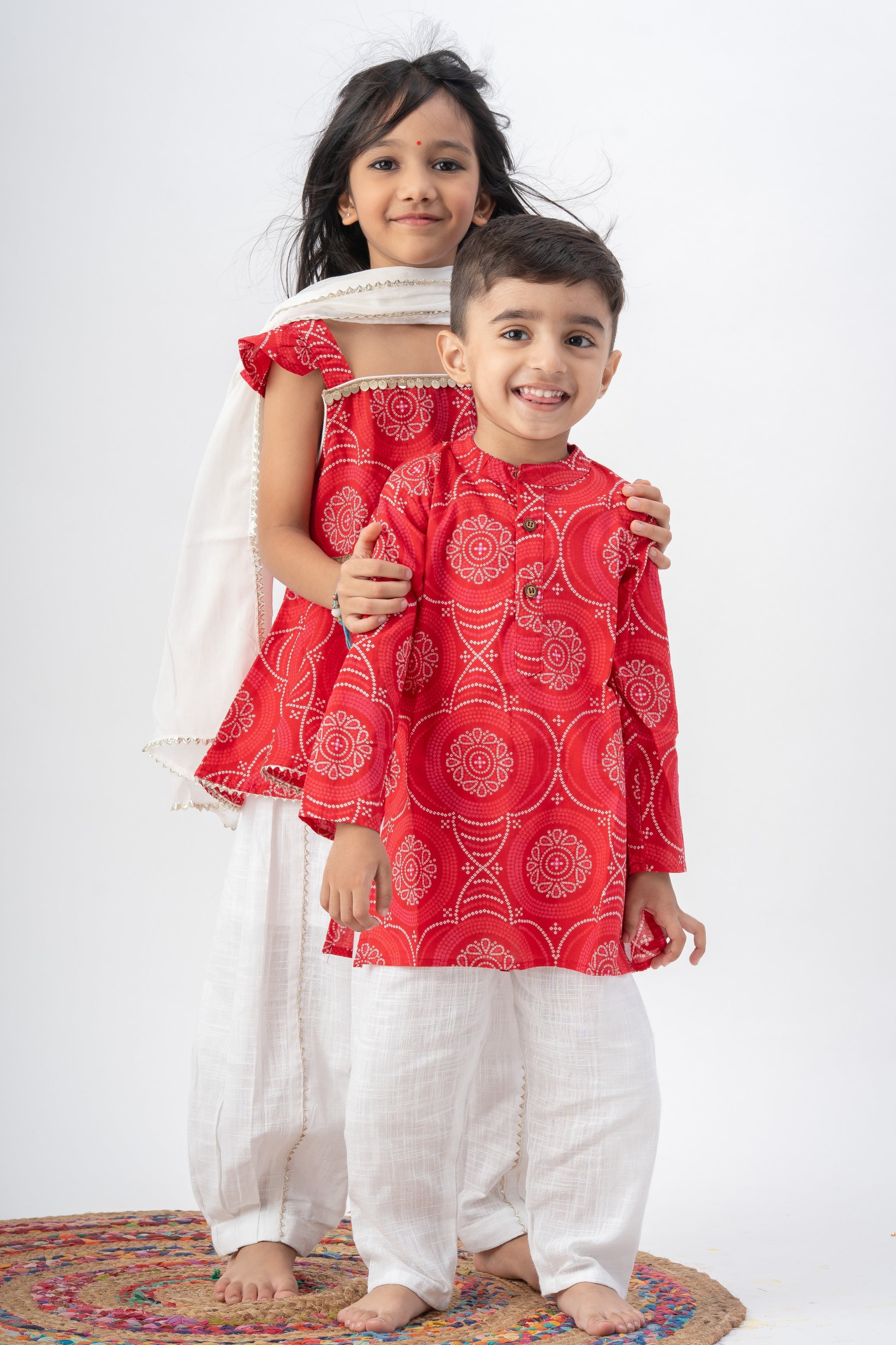 Girls Saavan 2.0 Pure Cotton Kurti Salwar & Dupatta Ethnic Clothing set - Red Bandhej