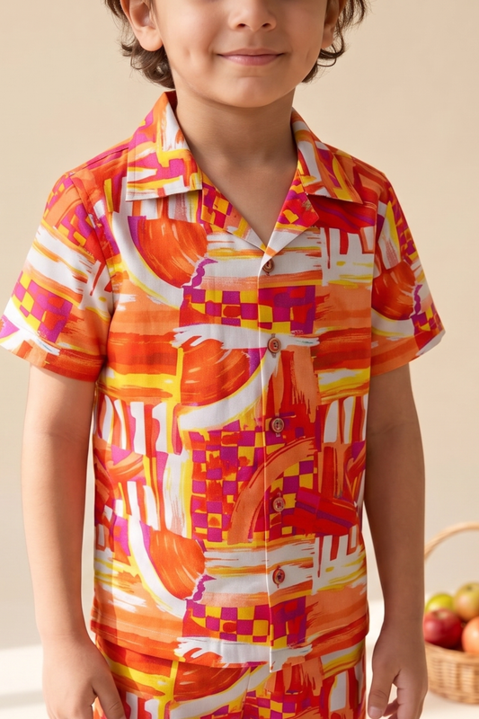 Boys Sunshine Pure Cotton Printed Clothing Set - Red Orange