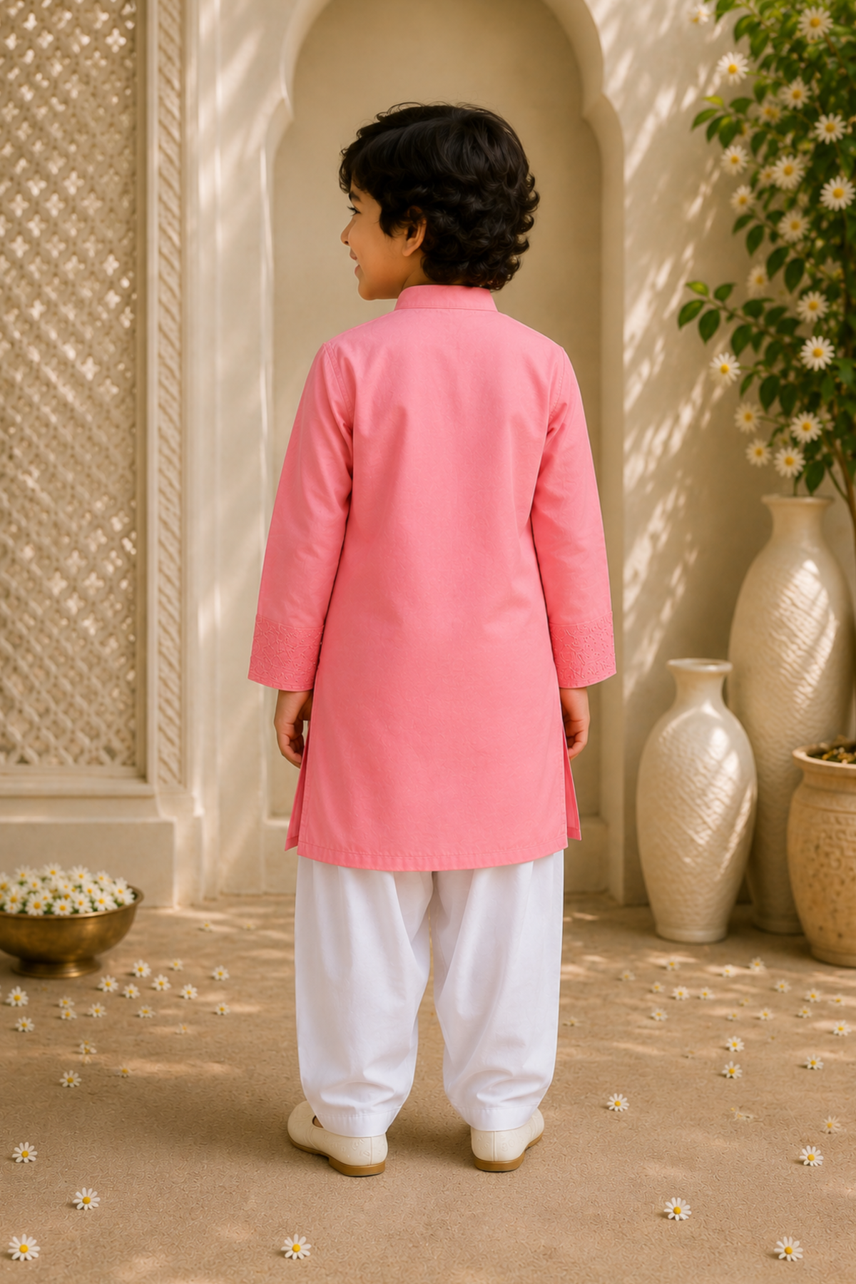 Boys Lucknawi Kurta Pant ethnic clothing set with schiffli embroidery - Peach