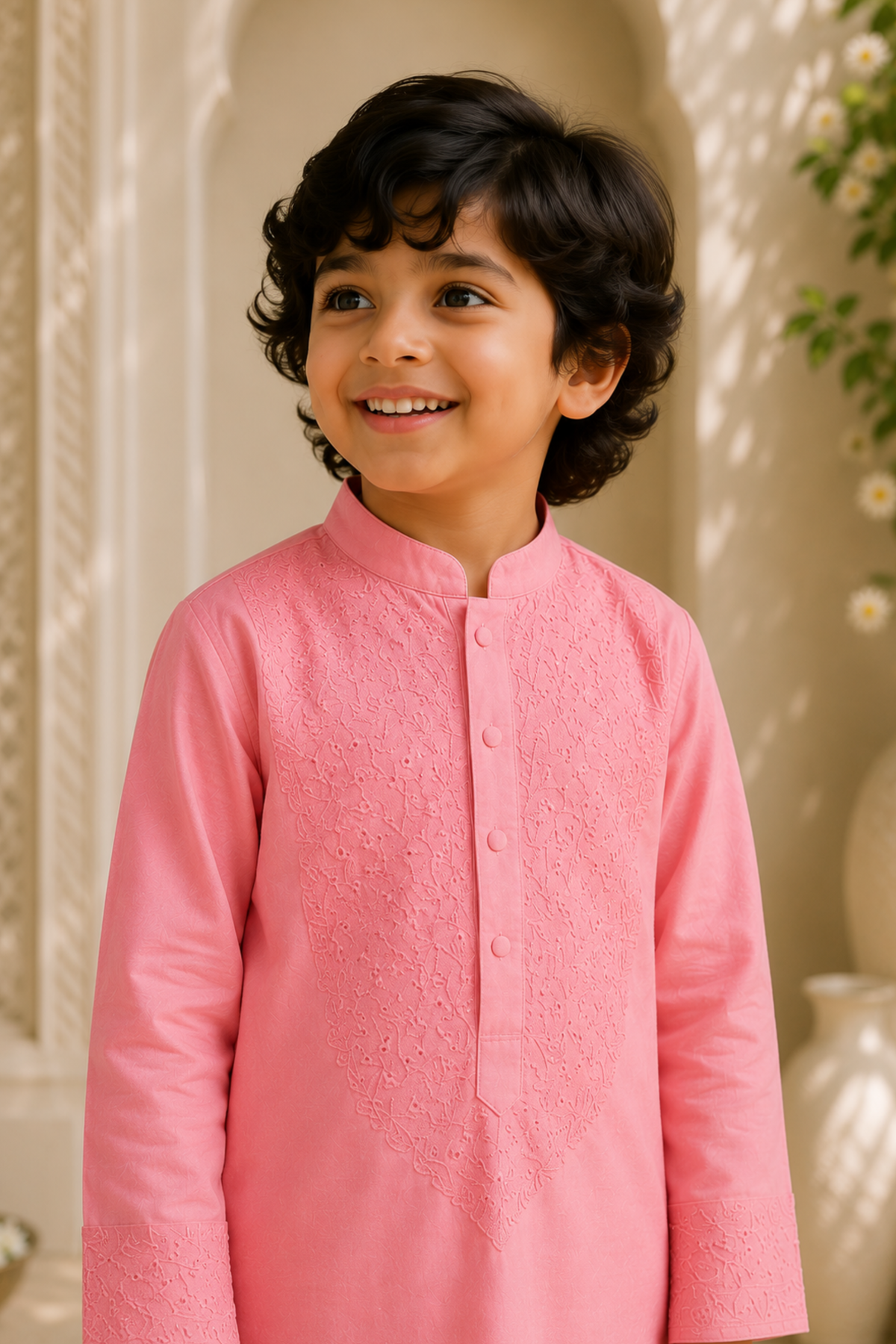 Boys Lucknawi Kurta Pant ethnic clothing set with schiffli embroidery - Peach