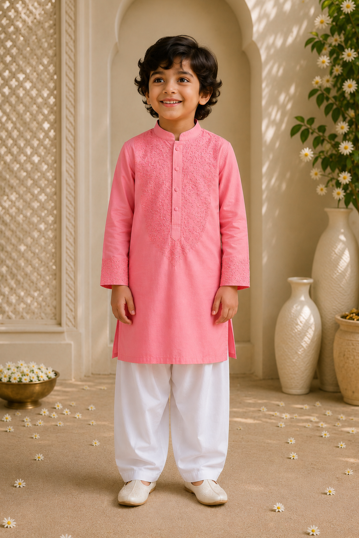 Boys Lucknawi Kurta Pant ethnic clothing set with schiffli embroidery - Peach