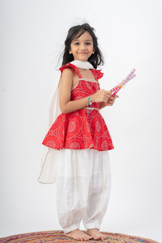 Girls Saavan 2.0 Pure Cotton Kurti Salwar & Dupatta Ethnic Clothing set - Red Bandhej