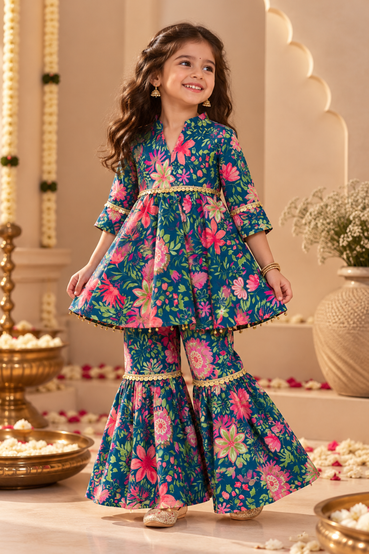 Girls Chandni Pure Cotton Ethnic Clothing Set - Blue