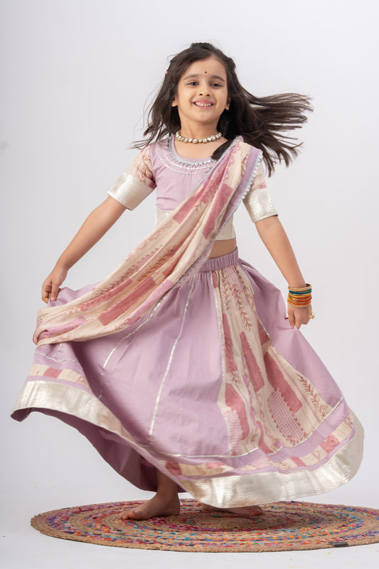 Girls Ghoomar Pure Cotton Chaniya Choli Ethnic Clothing set - Lilac