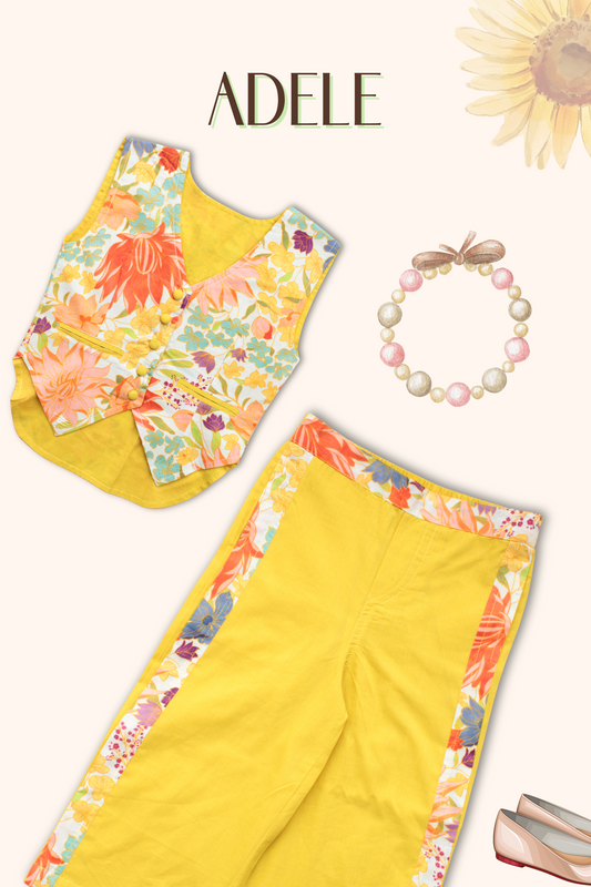 Girls Adele Printed Waist Coat and Solid Pants set - Floral Yellow