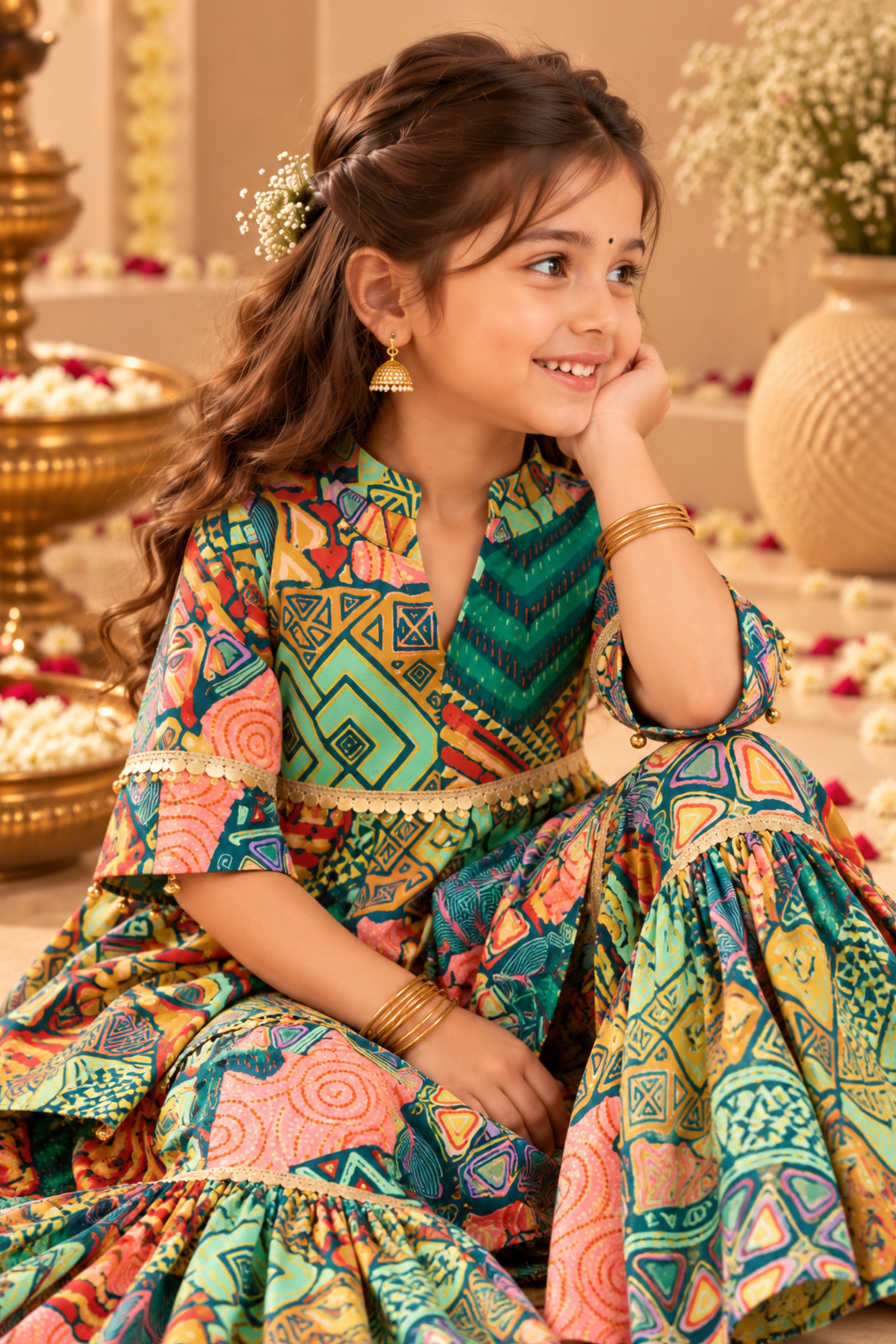 Girls Chandni Pure Cotton Ethnic Clothing Set - Green