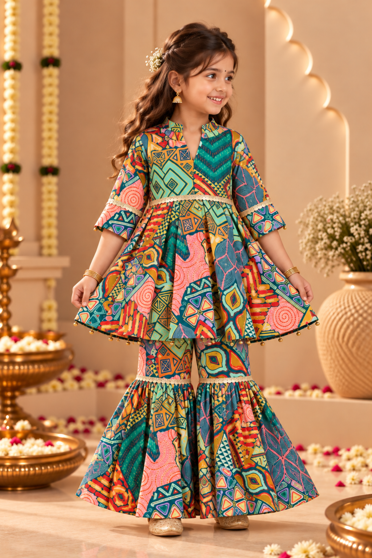 Girls Chandni Pure Cotton Ethnic Clothing Set - Green