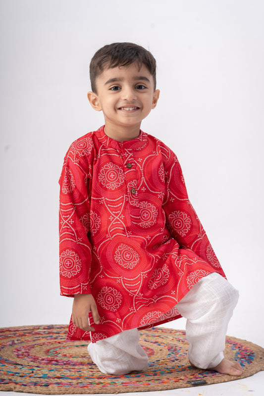 Boys Saavan 2.0 Pure Cotton Ethnic Clothing set - Red Bandhej