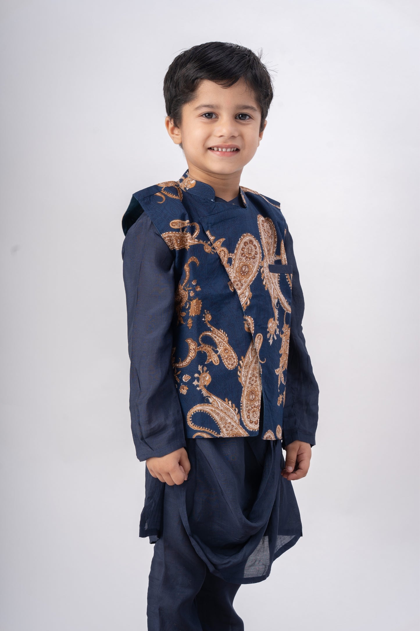 Boys Nawaab Silk Cowl Kurta Set with Bundi - Navy Blue