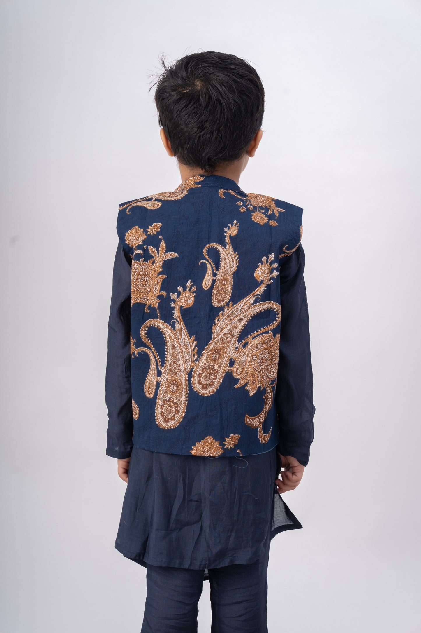 Boys Nawaab Silk Cowl Kurta Set with Bundi - Navy Blue