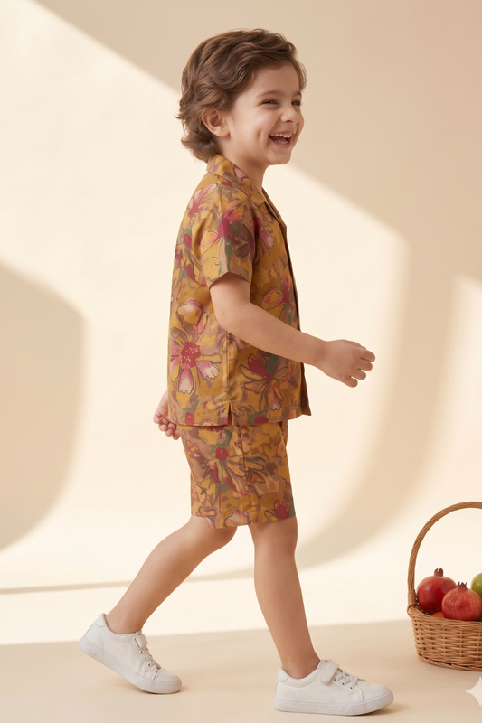 Boys Sunshine Pure Cotton Printed Clothing Set - Mustard