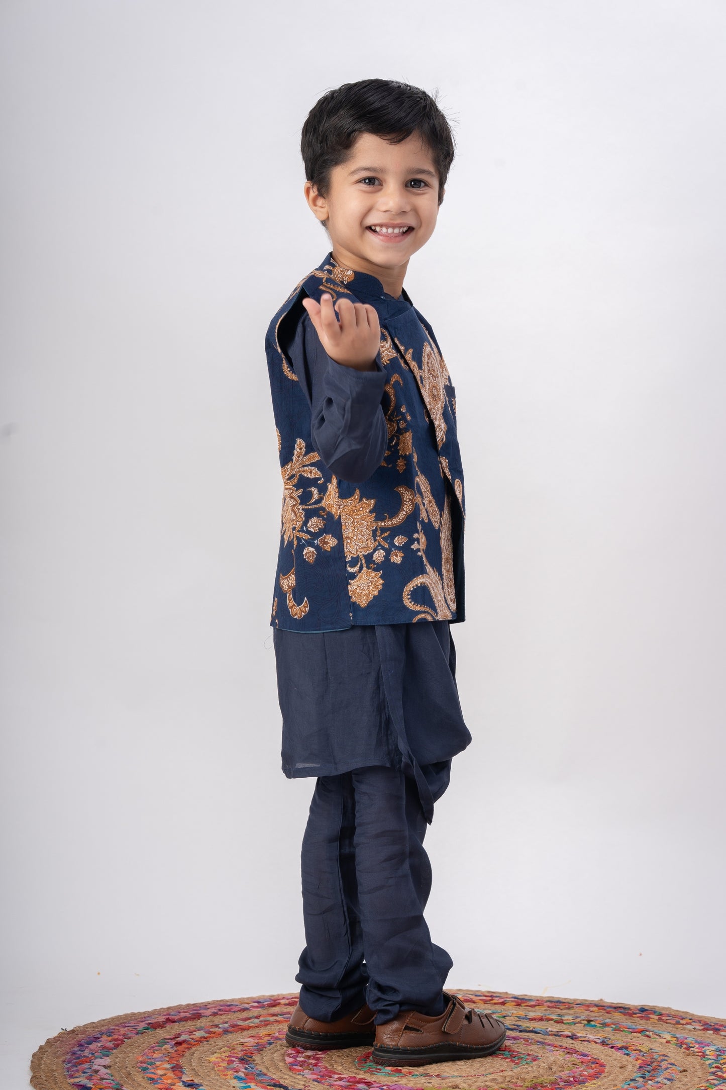 Boys Nawaab Silk Cowl Kurta Set with Bundi - Navy Blue