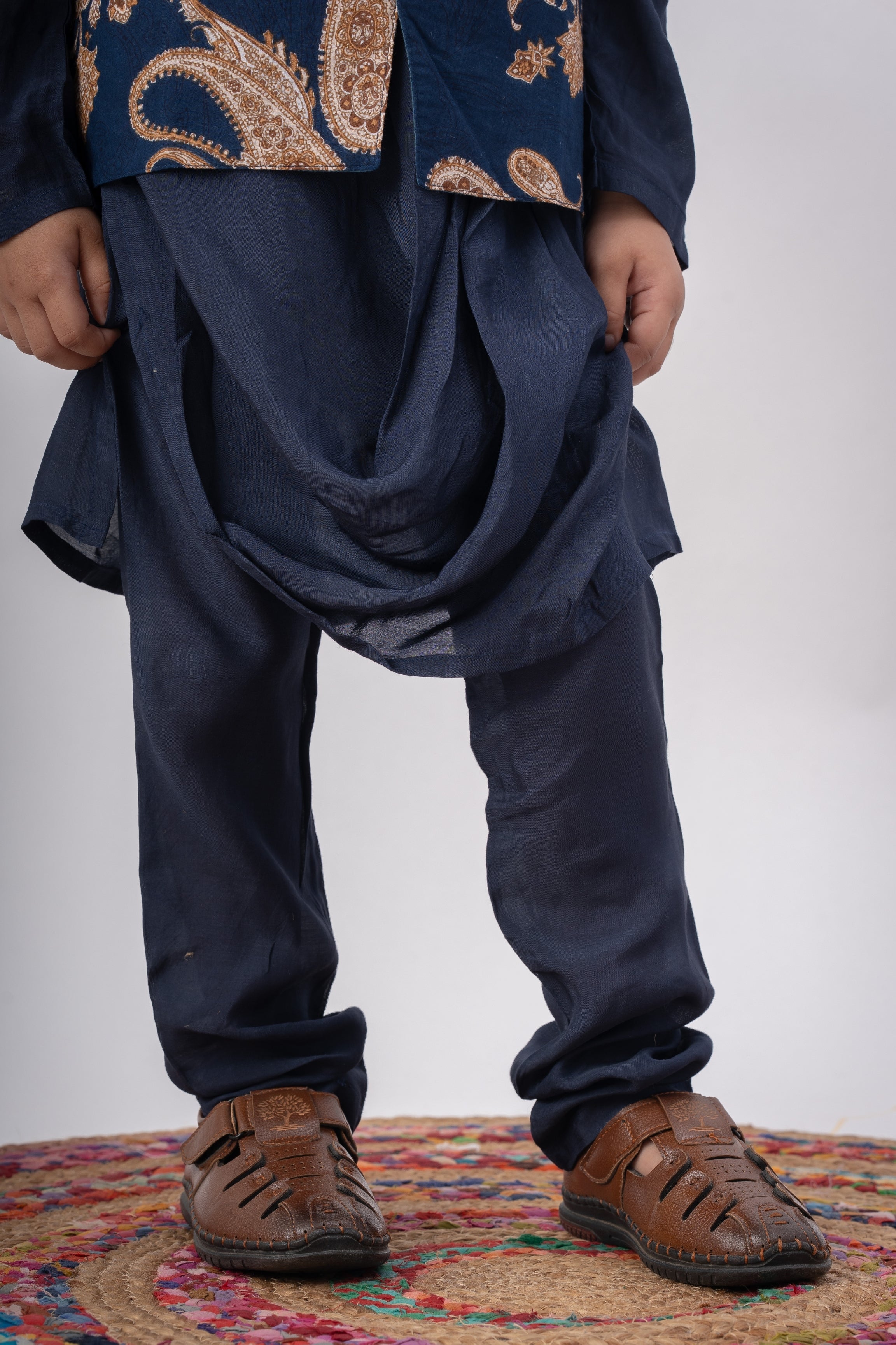 Boys Nawaab Silk Cowl Kurta Set with Bundi - Navy Blue