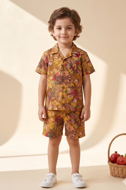 Boys Sunshine Pure Cotton Printed Clothing Set - Mustard