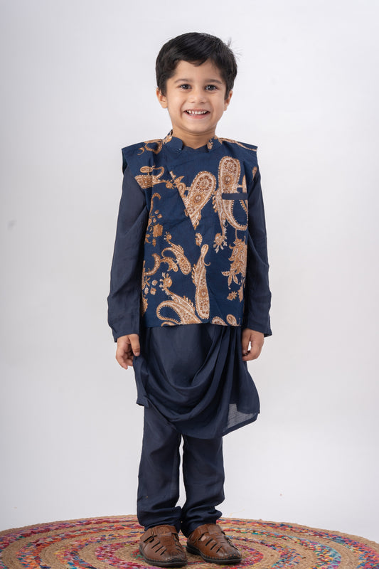 Boys Nawaab Silk Cowl Kurta Set with Bundi - Navy Blue